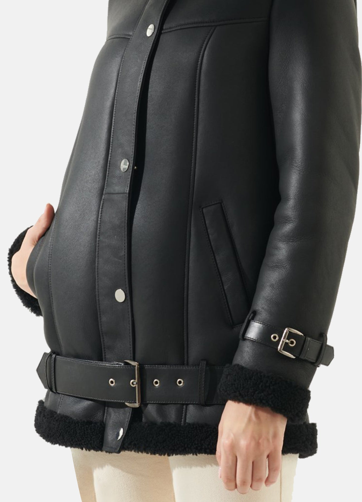 Womens Casual Black Oversized Shearling Leather Jacket