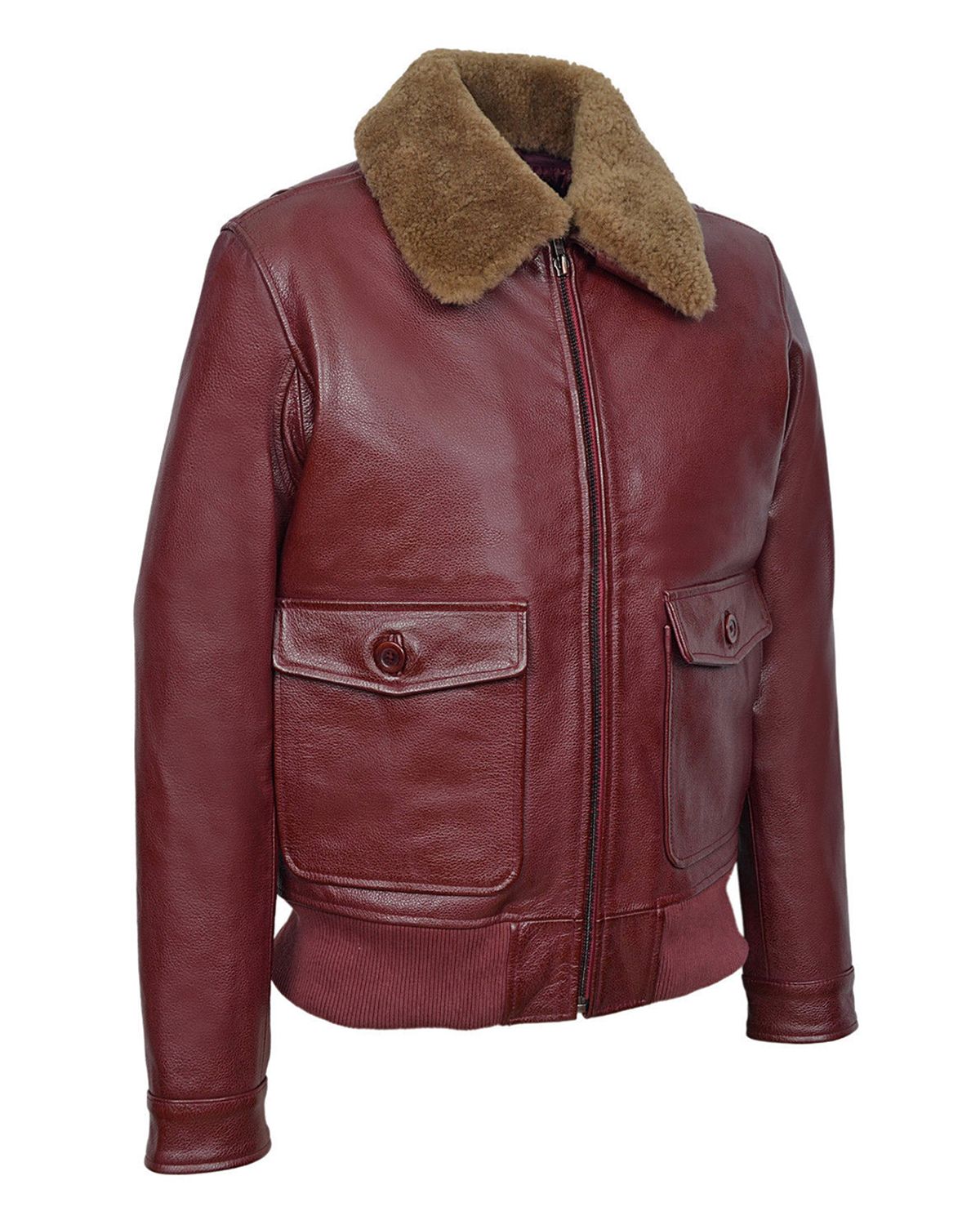 Men's Cherry Bomber Ginger Fur Collar Real Leather Jacket