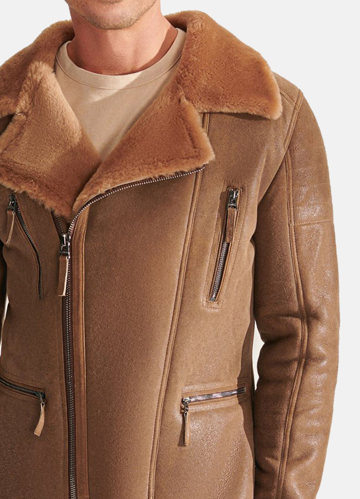 Mens Soft Tan Shearling Leather Jacket